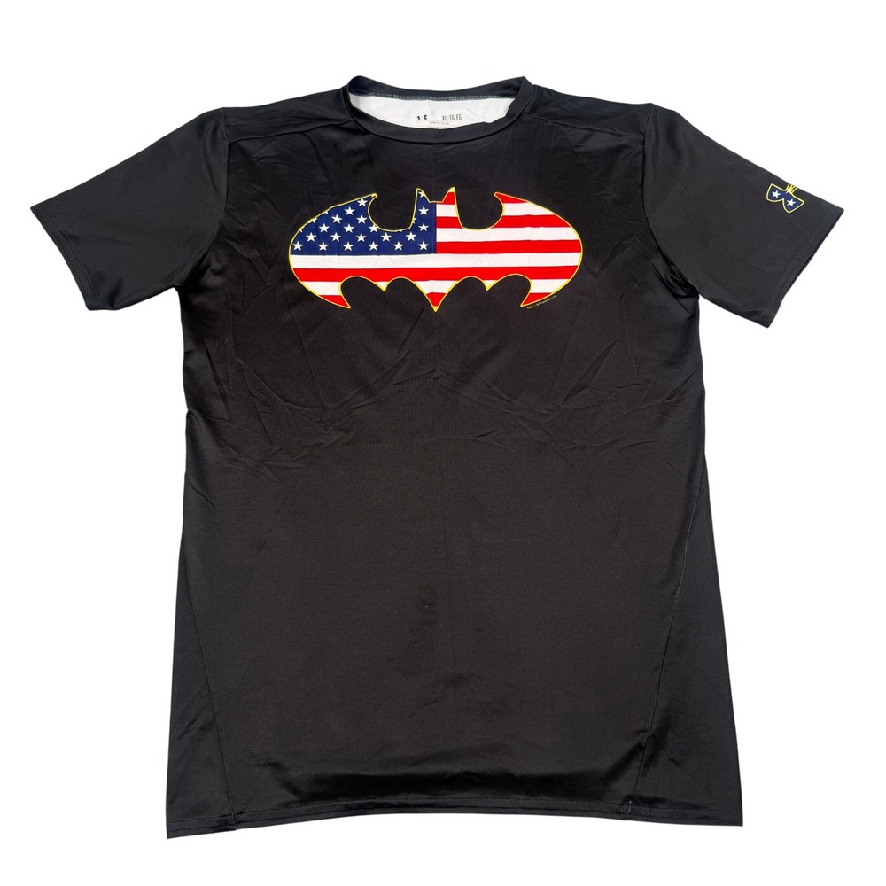 Under Armour Batman Shirt Mens XL Black USA Flag Alter Ego HeatGear Compression